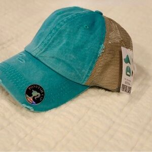 Women’s Pony Tail Turquoise and Tan Distressed Baseball Cap Hat